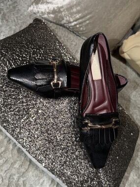 Franco Sarto Black Pointed Kiltie Loafers with Gold Bit